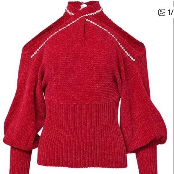 NWOT!!!VENUS Stylish Red Chenille Embellished Off-Shoulder Sweater - Picture 5 of 5